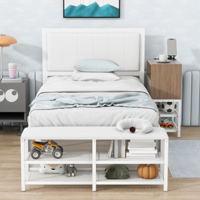 Twin Size Metal Platform Bed With Two-Tier Storage Shelves, Wooden Storage Cabinet (Bed)