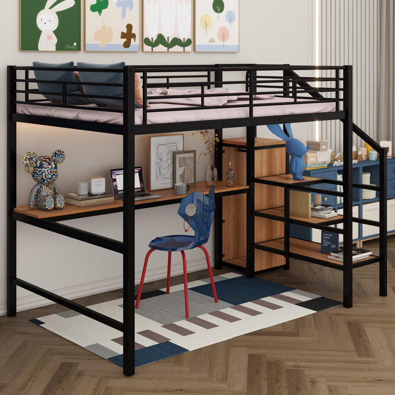 Lit mezzanine double en métal avec garde-corps pleine longueur, structure de lit mezzanine avec bureau, éclairage à DEL, escalier de rangement et petite armoire