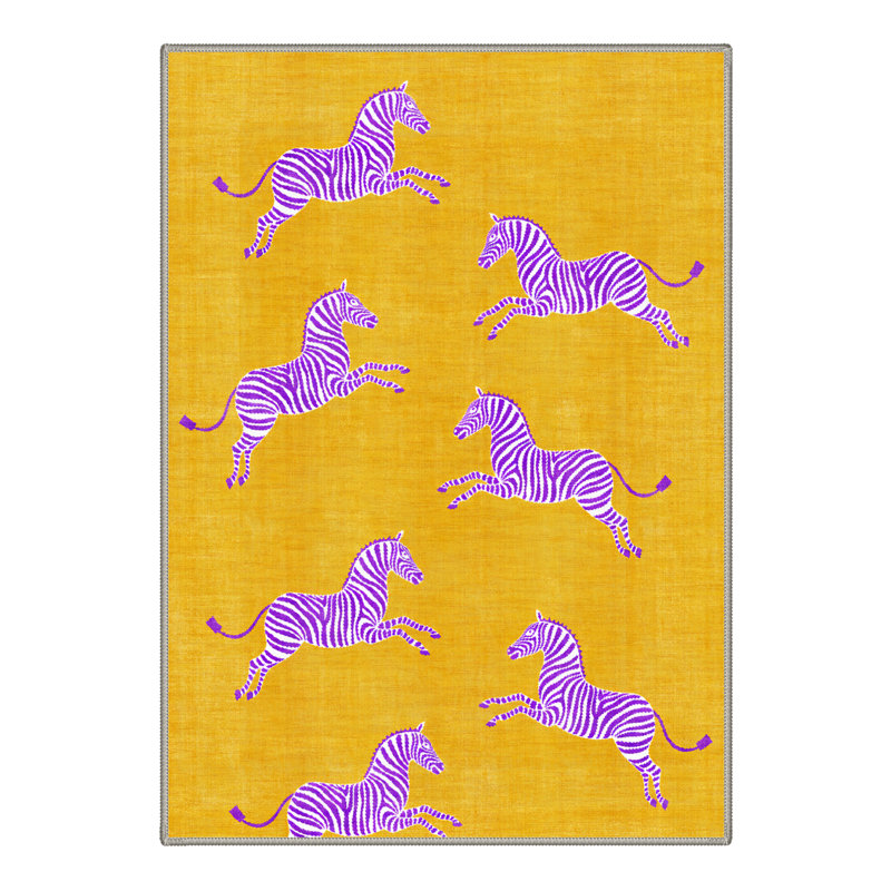 Aldovin Zebralume Animal Print Machine Washable Purple / Yellow Indoor Area Rug with Non-Slip Backing, Rectangle 6' x 9'