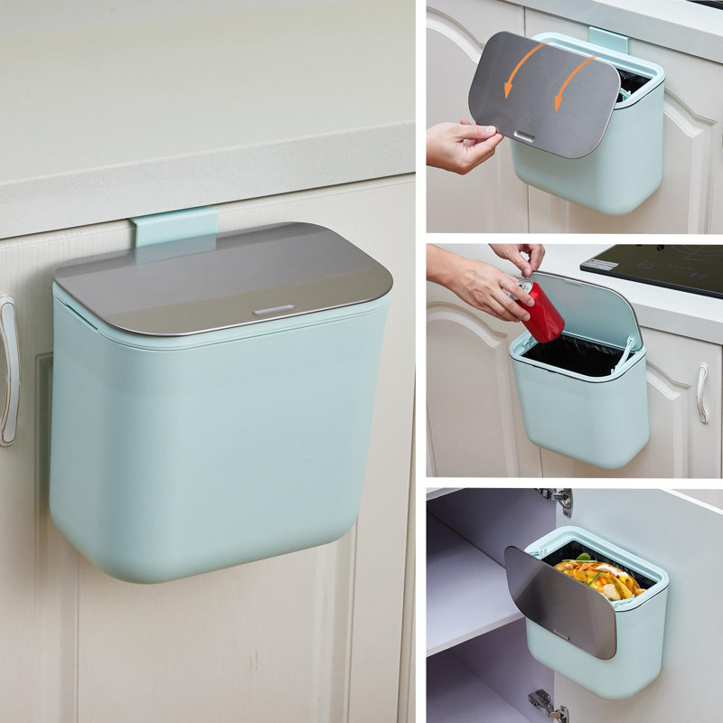Poubelle de cuisine suspendue de 1,8 gallon, couvercle en acier inoxydable, filtre à odeurs, petit bac à compost pour comptoir / salle de bain