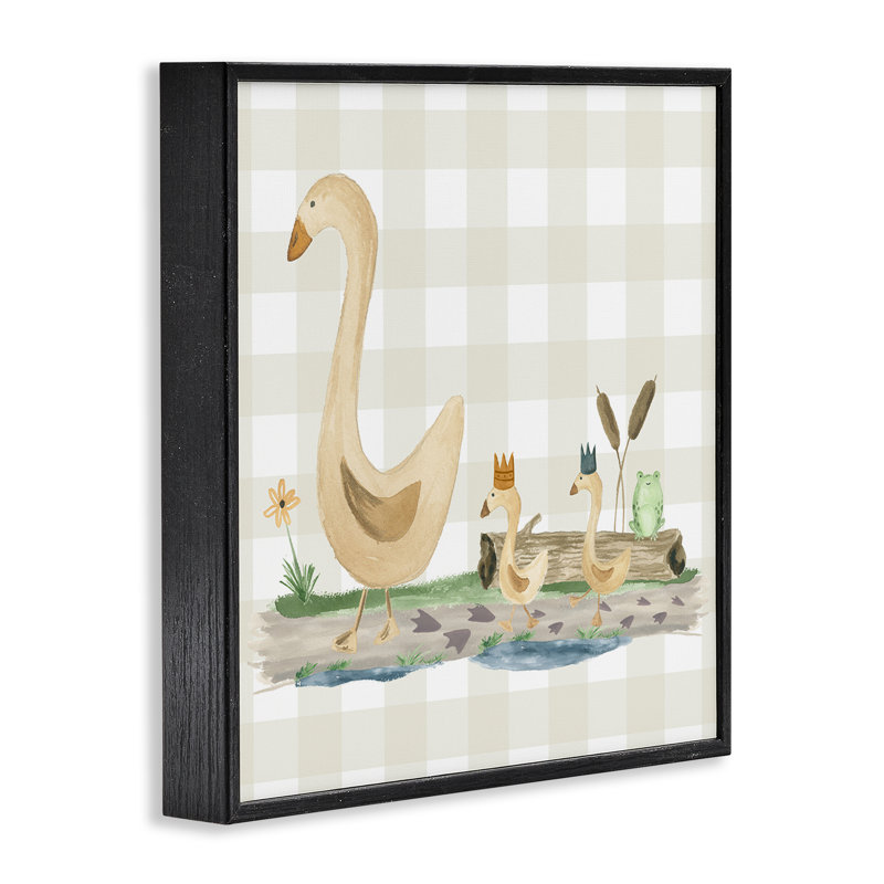 «Ducks on Yellow Plaid», estampe numérique par Lucille Price, H 17 po x l 17 po, Giclée encadrée noir minuit