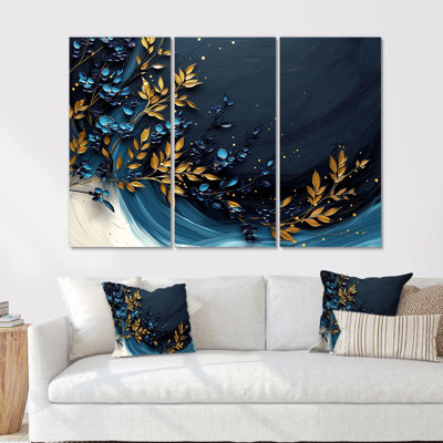 Ensemble de salon art mural fougères dorées et bleu clair au clair de lune