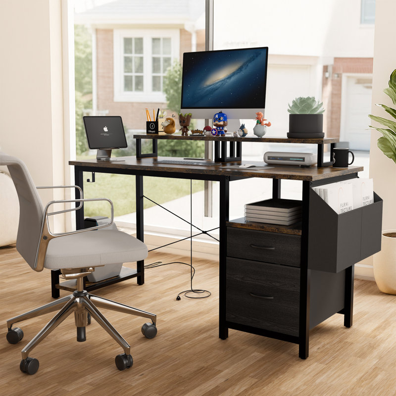 Elegant Working Desk With Drawer And Power, Brown/Black