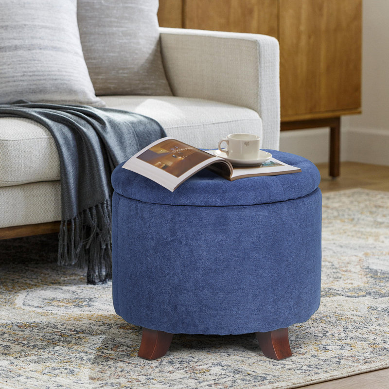 Storage Ottoman With Padded Seat, Modern Cotton-Linen Footrest, Round Stool For Living Room Bedroom, Navy Blue