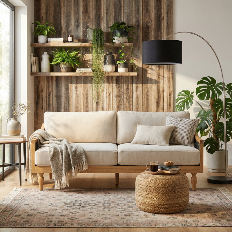 Elara Mid-Century Modern Rubberwood Loveseat Sofa with PE Rattan Armrests, Black/Natural