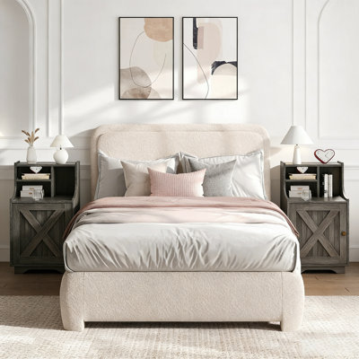 Boucle Upholstered Platform Bed With 2 Farmhouse Barn Door Nightstands – 3-Piece Bedroom Set