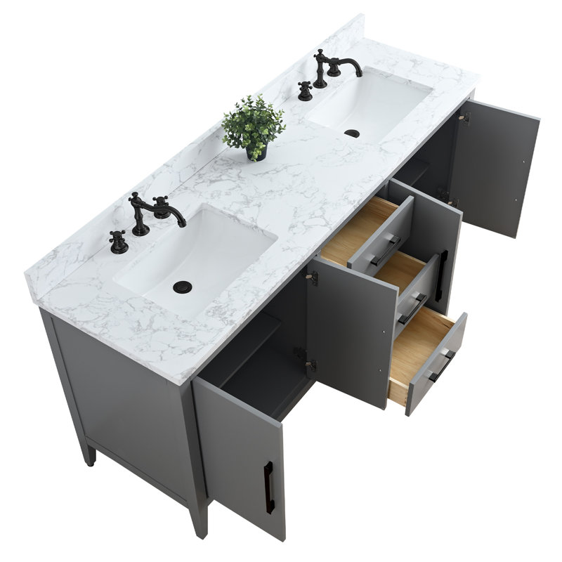 Meuble-lavabo double 72 po avec plateau en marbre, Noir mat, Gris cachemire