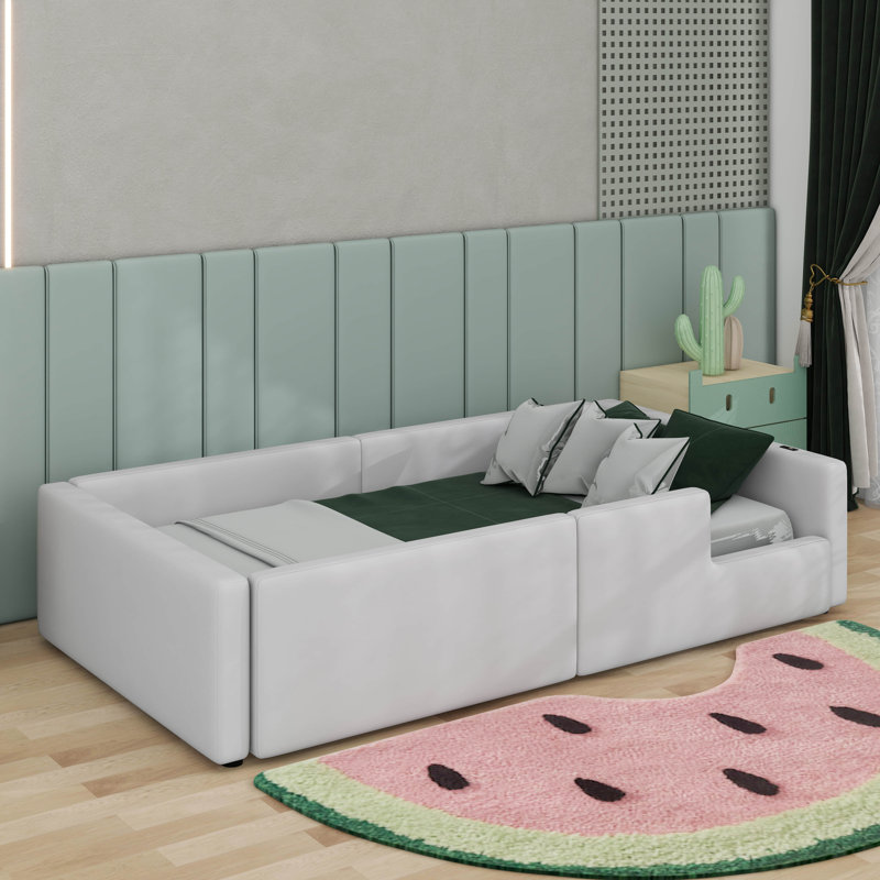 Lit plateforme tapissier simple avec garde-corps et station de charge