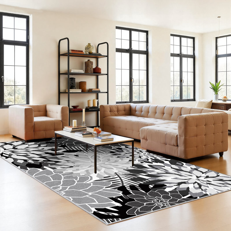 ZonLi Tropical Floral Indoor/Outdoor Rug, 8' x 10', Black/White, Waterproof, Washable, Non-Slip, 8x10FT, Black/White