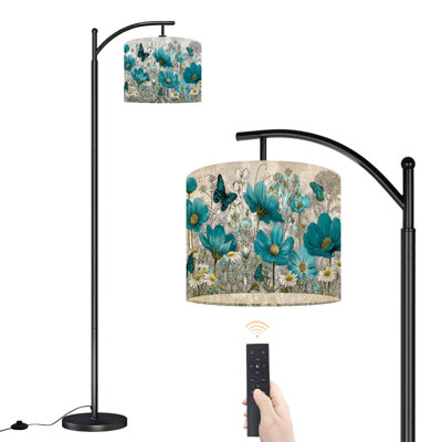 Arc Floor Lamp with Adjustable Lampshade Teal Blue Floral Art Daisies Butterflies Rustic Charm Standing Lamp 3 Color Temperatures Dimmable Tall Pole Lamp with Foot Switch for Bedroom