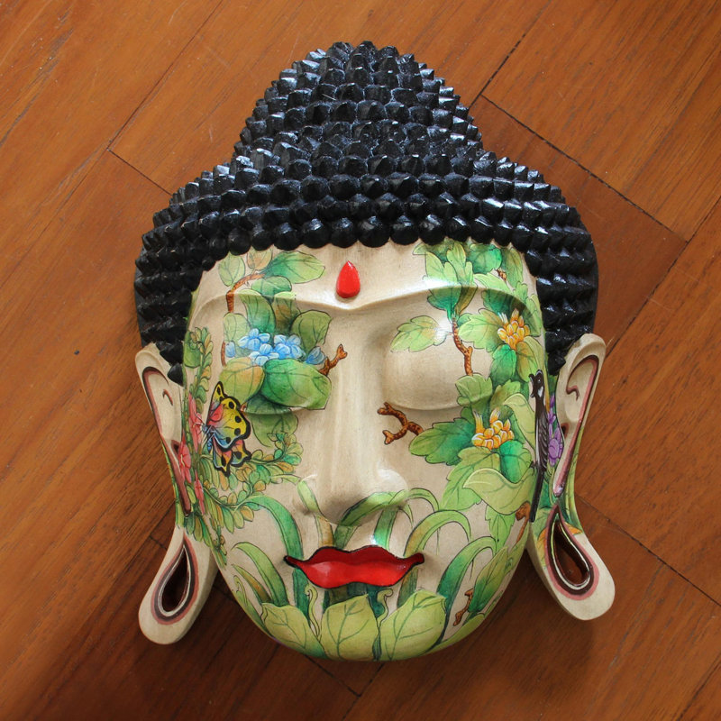 Décoration murale masque de bois de Bouddha ravi