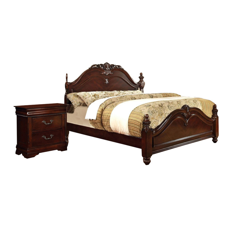 Ensemble de chambre à coucher grand lit, bois brun, ensemble de 2 pièces avec table de chevet