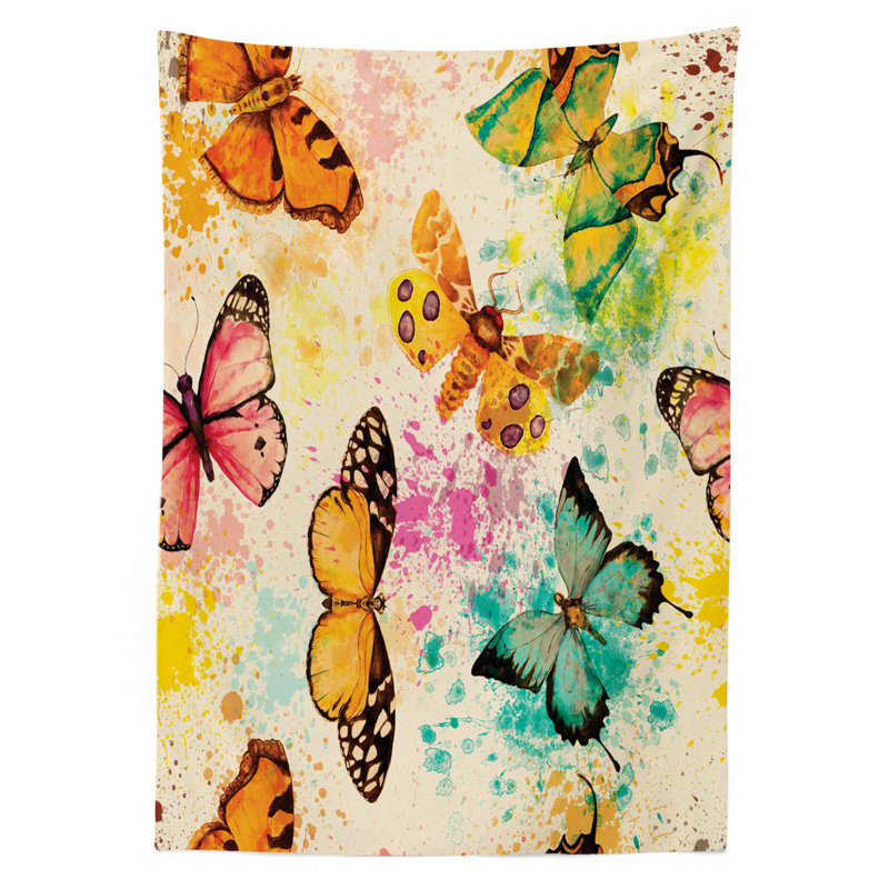 Butterfly Tablecloth, Watercolor Murky Grungy Butterflies With Color Splashes Be Mindful Boho Art Print, Rectangular Table Cover For Dining Room Kitchen Decor, 52" X 70", Multicolor