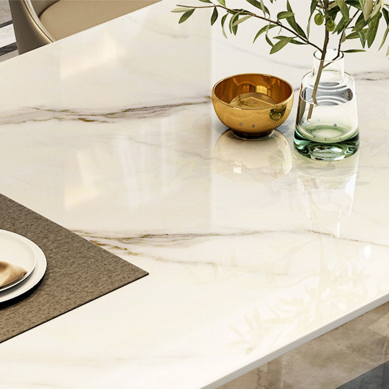 Plateau de table rectangulaire blanc en pierre frittée blanche avec table de salle à manger / cuisine en acier au carbone