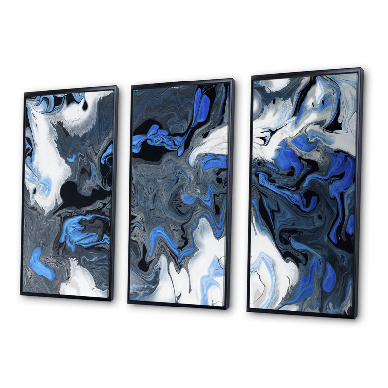 «Blue Liquide Art Waves On» blanc et noir - impression sur toile flottante 3 pièces, Cadre noir, H 28 po x l 36 po x P 1 po
