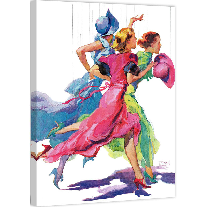 Trois femmes qui courent de la pluie, reproduction sur toile tendue, H 39 po x l 30 po