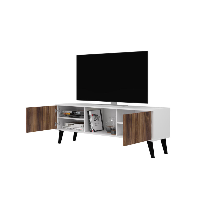 Doyers 62.2" Mid-Century Modern 5-Shelf TV Stand for TVs up to 60" in White and Walnut Brown, White and Nut brown