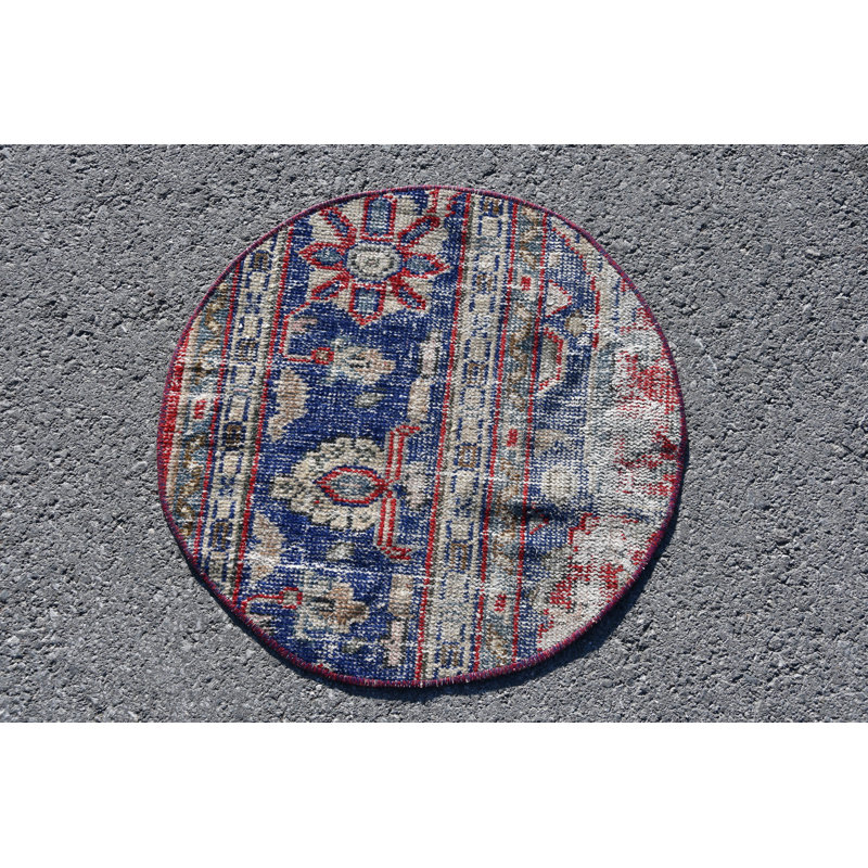 Tapis turc Oushak rétro fait à la main en bleu - petit tapis d'entrée rond SN-6676 bleu / rouge