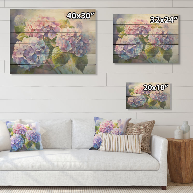 Hortensia rose et mauve coucher de soleil - hydrangées, art mural sur bois de pin naturel, H 24 po x l 32 po