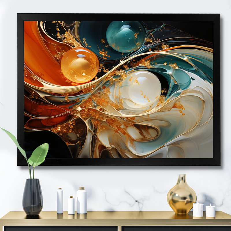 Planètes orange et or I - reproduction d'art sur toile, H 34 po x l 44 po x P 1,5 po, Cadre d'angle fermé noir