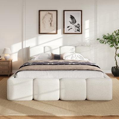Lit plateforme tapissier luxueux en tissu bouclé avec mousse élastique haute densité, conception intégrée, capacité de 800 lb, aucun sommier tapissier nécessaire (très grand lit)