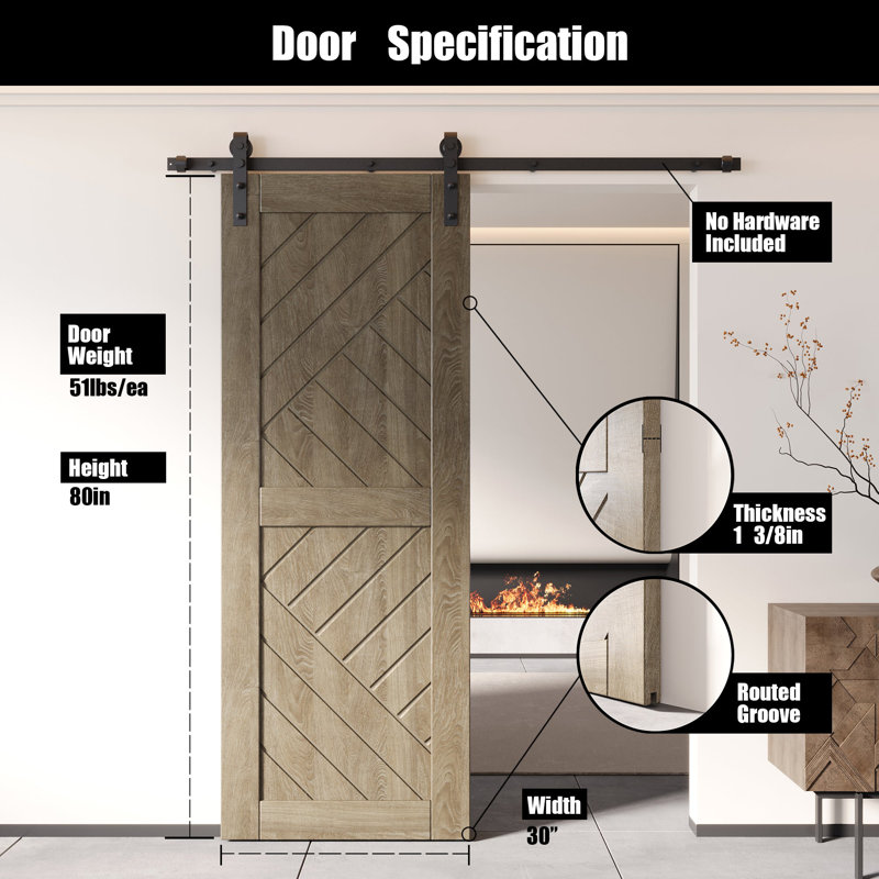Porte de grange en bois de pin à finition géométrique classique et non assemblée Homacer, 30 po x 80 po