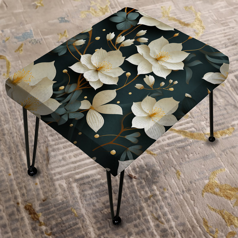 Repose-pieds rectangulaire blanc et sarcelle avec motif zen et lotus