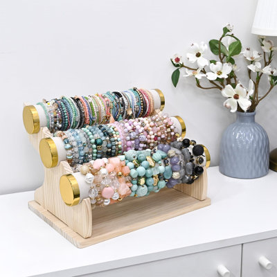 Présentoir à bracelets en bois à 3 niveaux, porte-organisateur de bracelets pour chouchou, bijoux pour magasin, vitrine, rangement à la maison, couleur beige