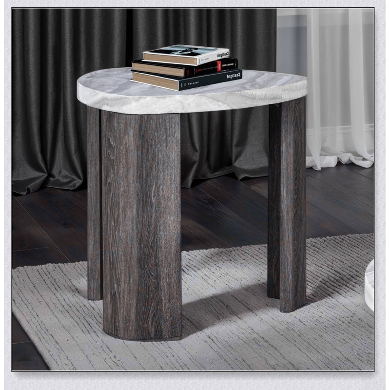 Contemporary Style Triangle End Table with Marble Pattern, Space-Saving Design for Primary Living Room