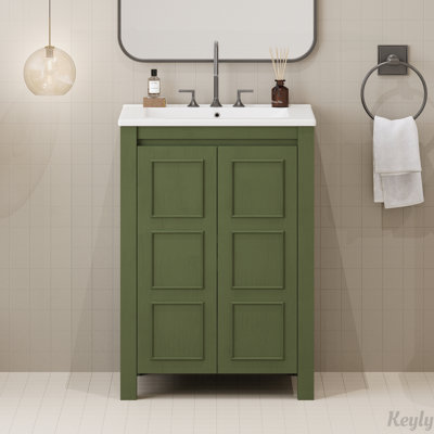 Petit meuble-lavabo vintage 24 "avec lavabo en céramique, 2 portes à fermeture douce, tablette réglable