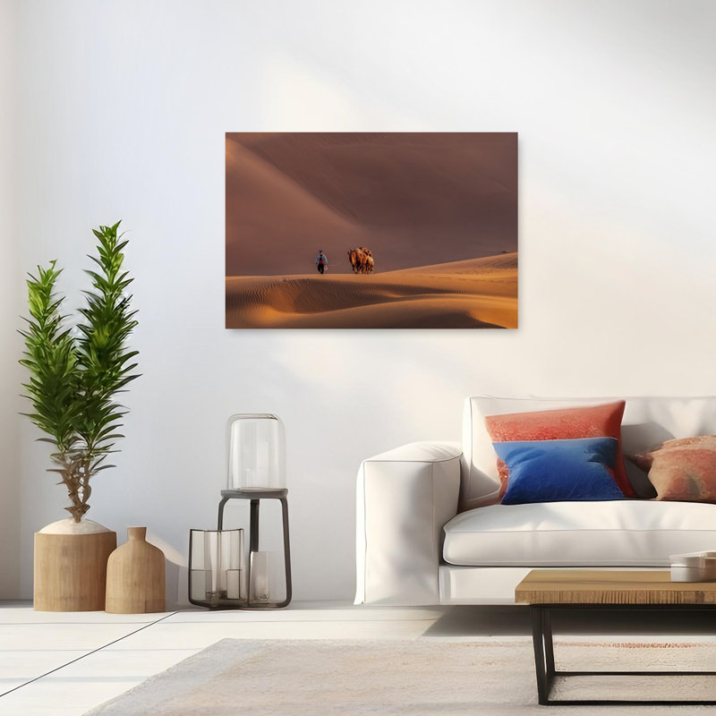 " Golden Desert Camel Journey Peaceful Serene Tranquil Landscape Nature Wall Art Print " Print, H 32 po x l 48 po