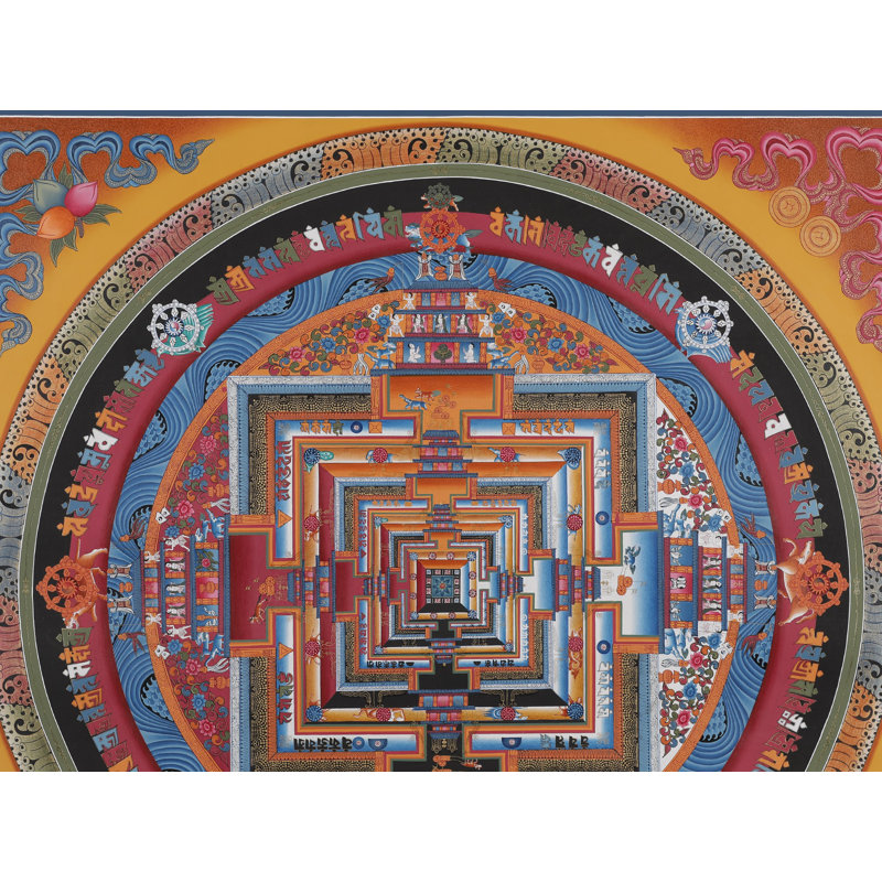«Wheel of Life» peint à la main «Kalachakra Mandala Thangka», art mural carré tibétain de 24 po avec bordure or 24 carats et lever de soleil orange