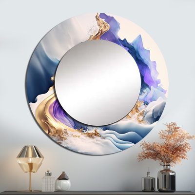 Olley Blue and Gold Splash Paint III - miroir mural spirales abstraites, miroir décoratif rond bleu