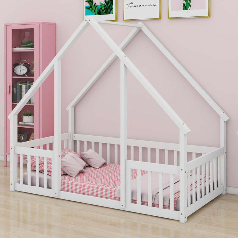 Lit de sol innovant en forme de maison avec clôture et garde-corps sécurisés, Blanc