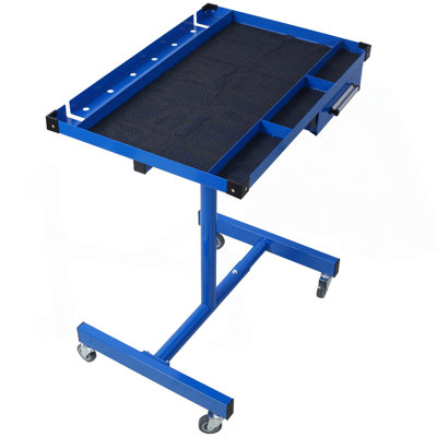 Table de travail réglable avec tiroir pour garages, ateliers de réparation et bricolage, portable, (4) roulettes pivotantes de 2,5 po, capacité de 220 livres, coins en caoutchouc, acier robuste, bleu