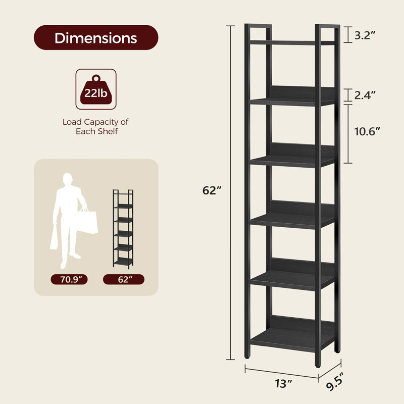 Bibliothèque sur pieds à 6 niveaux, (6 Shelves) 62"H x 13"W x 9.5"D, Noir