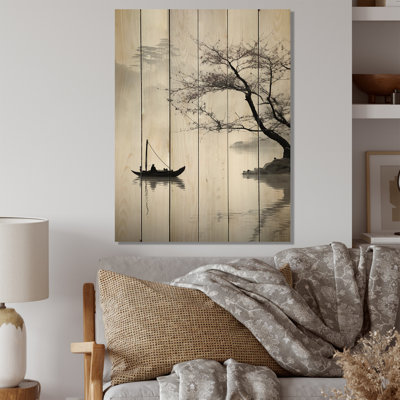 Art asiatique, bateau, impression monochrome sur bois