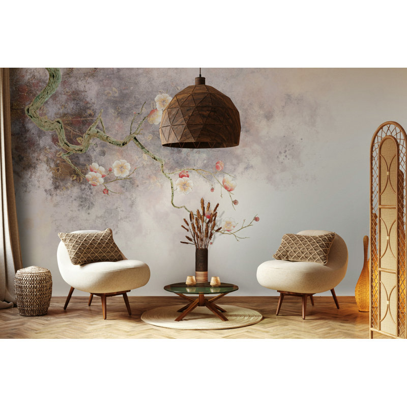 Papier peint beige avec branches de prunier doux, L 75 po x l 112 po