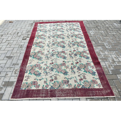 Grand tapis Oushak turc fait à la main avec motif floral et bordure bourgogne pour le salon