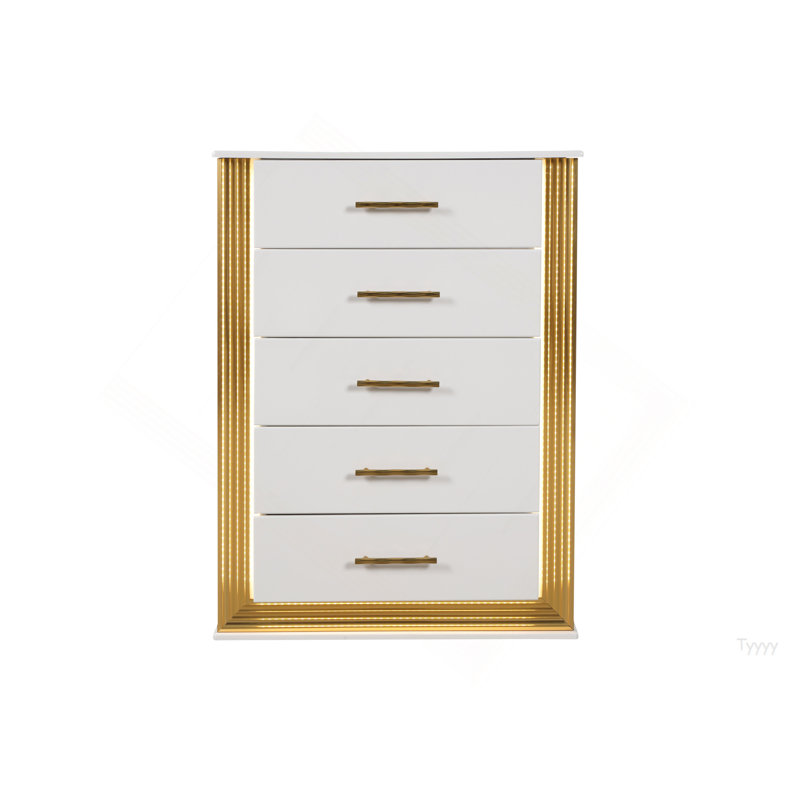 Commode 5 tiroirs de style contemporain Obsession en bois et finition dorée