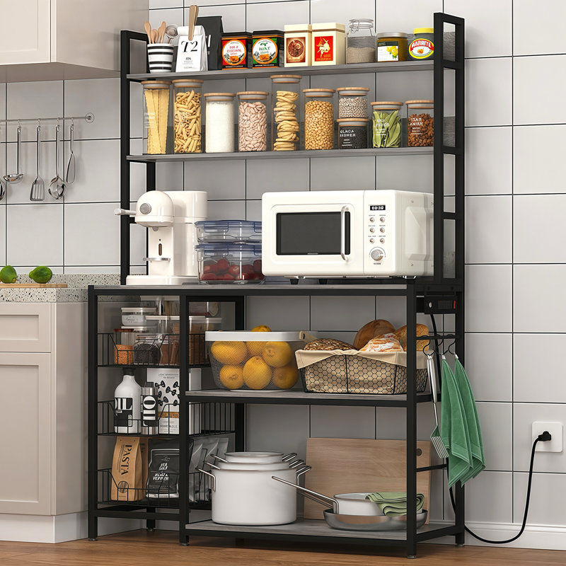 Kitchen Bakers Rack With 3 Wire Baskets And Power Outlets, Microwave Shelf Rack, Grey