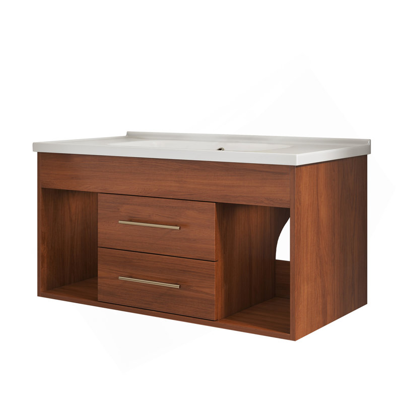 Meuble-lavabo simple 35,4 po Mid-Century avec lavabo encastré en céramique intégré