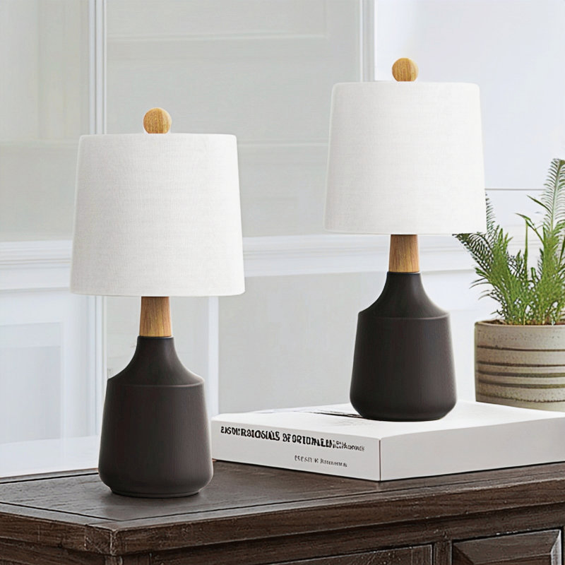20" Modern Ceramic Decorative Table Lamp with Drum Linen shade , Black