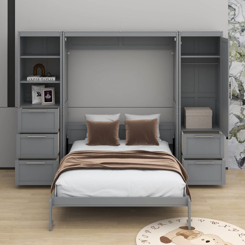 Grand lit escamotable avec tiroirs et tablettes, Gris