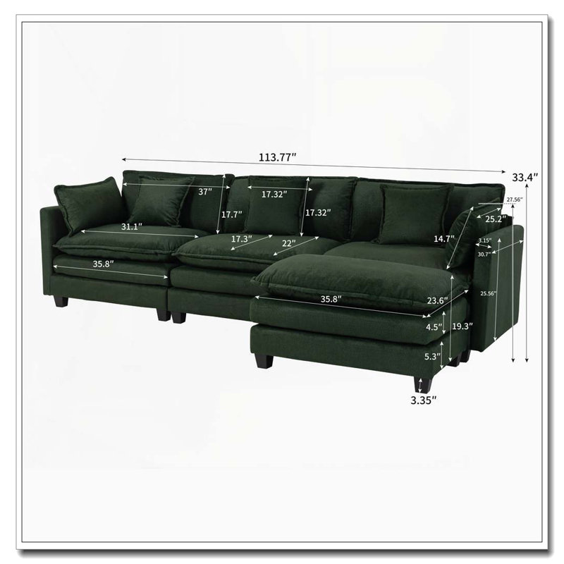 Canapé moderne avec coussins de taille, Vert antique + 3 sièges + 1 repose-pieds