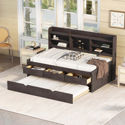 Twin Size Wooden Captain Bed With Built-In Bookshelves, 3 Storage Drawers And Trundle, Antique Brown