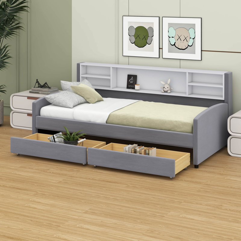 Lit plateforme tapissier simple - rangement et tiroirs inclus, Gris