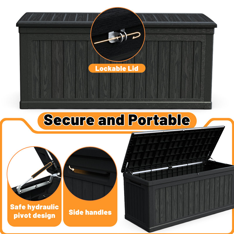 Coffre de terrasse imperméable de 260 gallons en noir, double - pour et pour l'extérieur, les articles de patio appropriés peuvent servir de boîte noire de table, construction de mur robuste, outils de jardinage idéaux comme banc supplémentaire