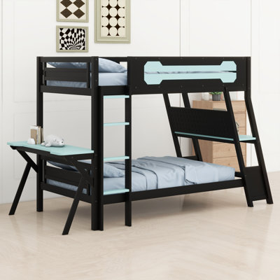 Lit double superposé multifonctionnel, bureau double intégré, ports USB et rangement perforé