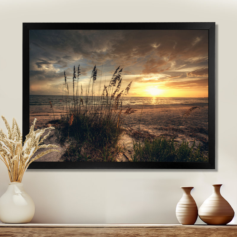 Plage, coucher de soleil, reproduction d'art sur toile, reproduction de photographie de paysage côtier, Cadre flottant brun